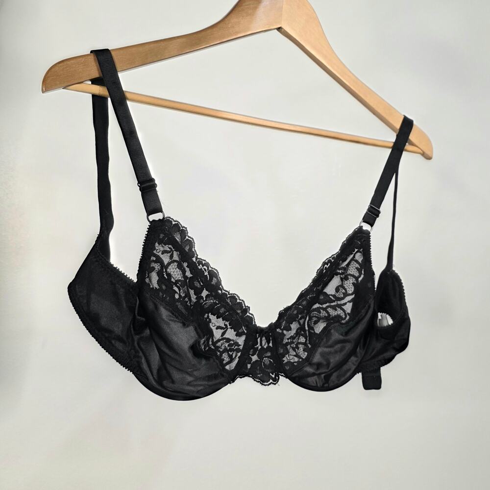 Vintage Vassarette Black Lace Bra 36C Sheer Underwire Lingerie